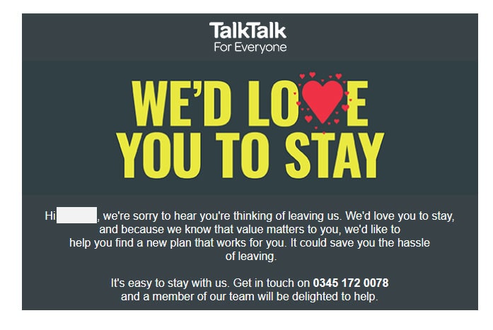 TalkTalk leaving message.