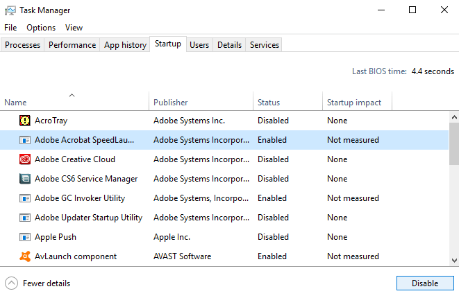 Task manager startup tab.