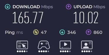 Three 4G Hub Ethernet speed test result.