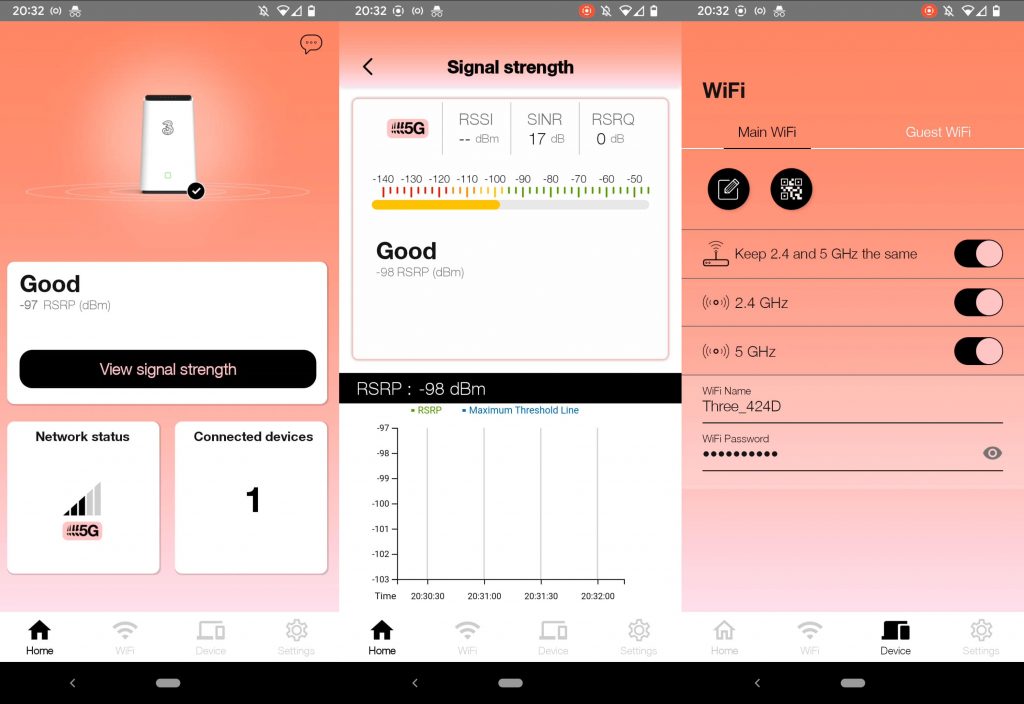 Three 5G home broadband app screenshots.