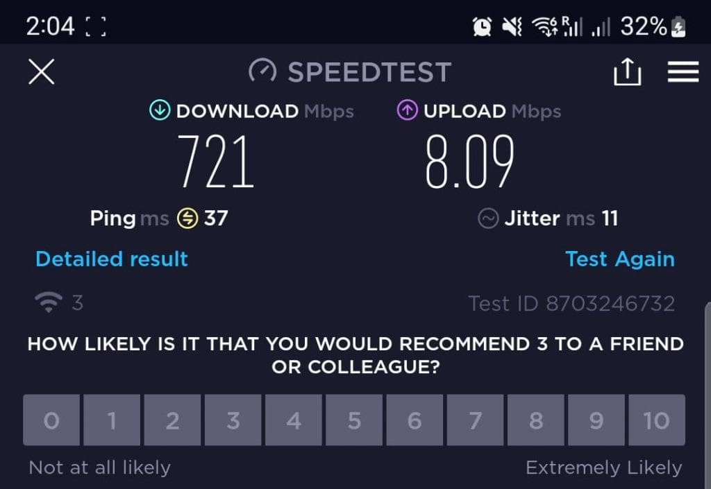 WiFi speed test result.