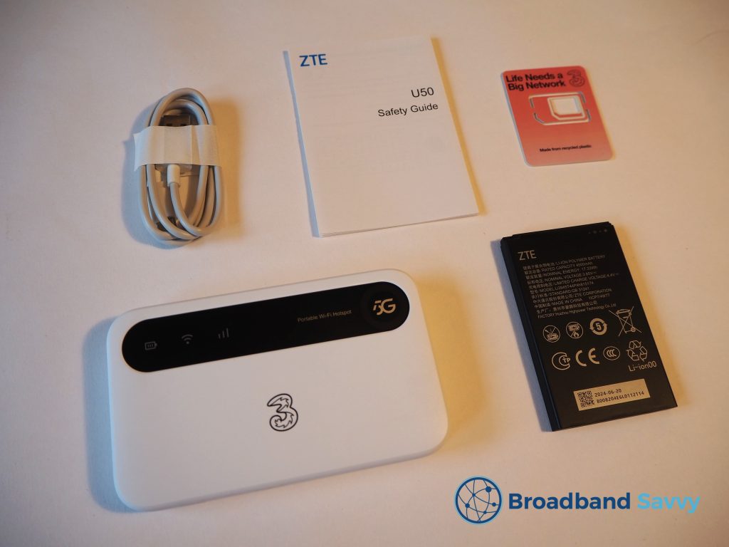 Three ZTE U50 MiFi box contents.