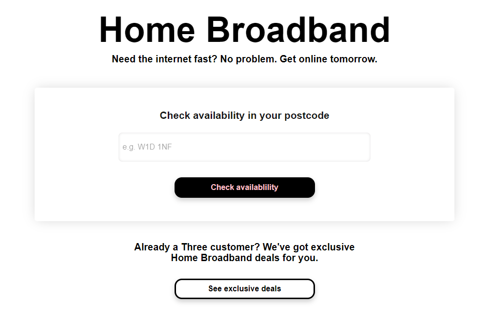 Three home broadband sign up on their website.