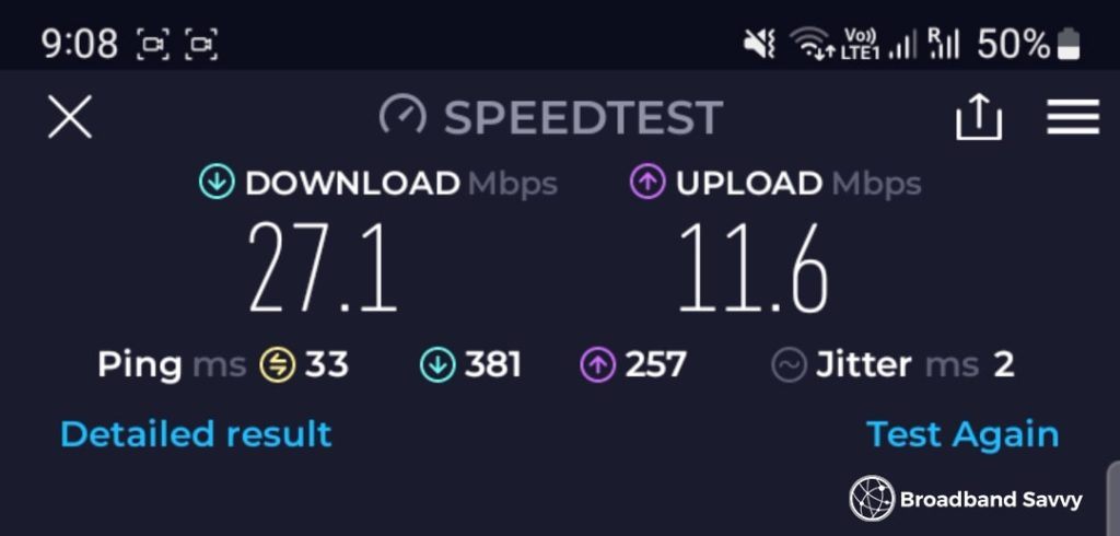 Three mobile broadband speed test result.