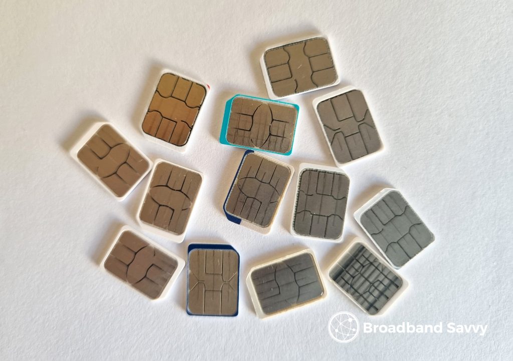 Group of SIM cards from UK mobile networks.