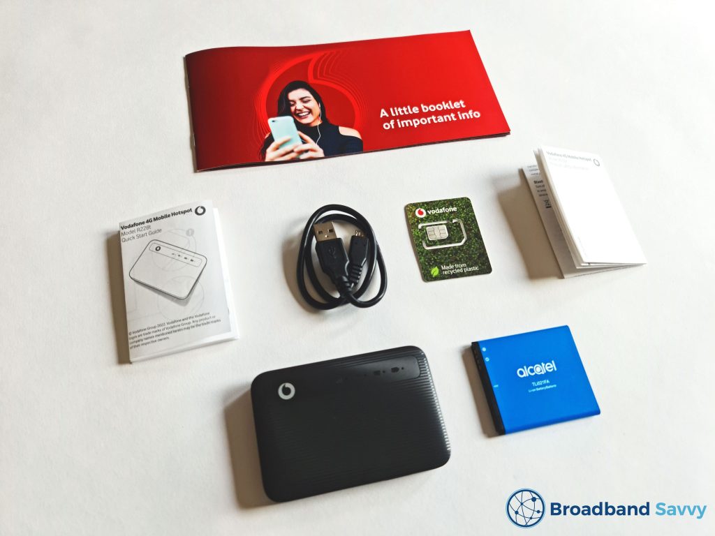 Vodafone R228t MiFi device with box contents.