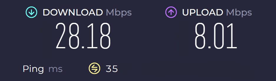 WiFi speed test result using the Three 4G Hub.