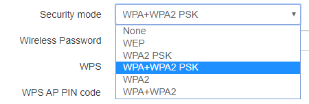 Wireless access point security protocol settings.